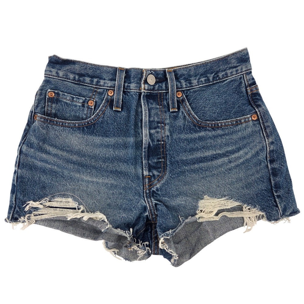 Levi 501 Cut Off Shorts 28 Blue Distressed Denim High Rise Festival Summer